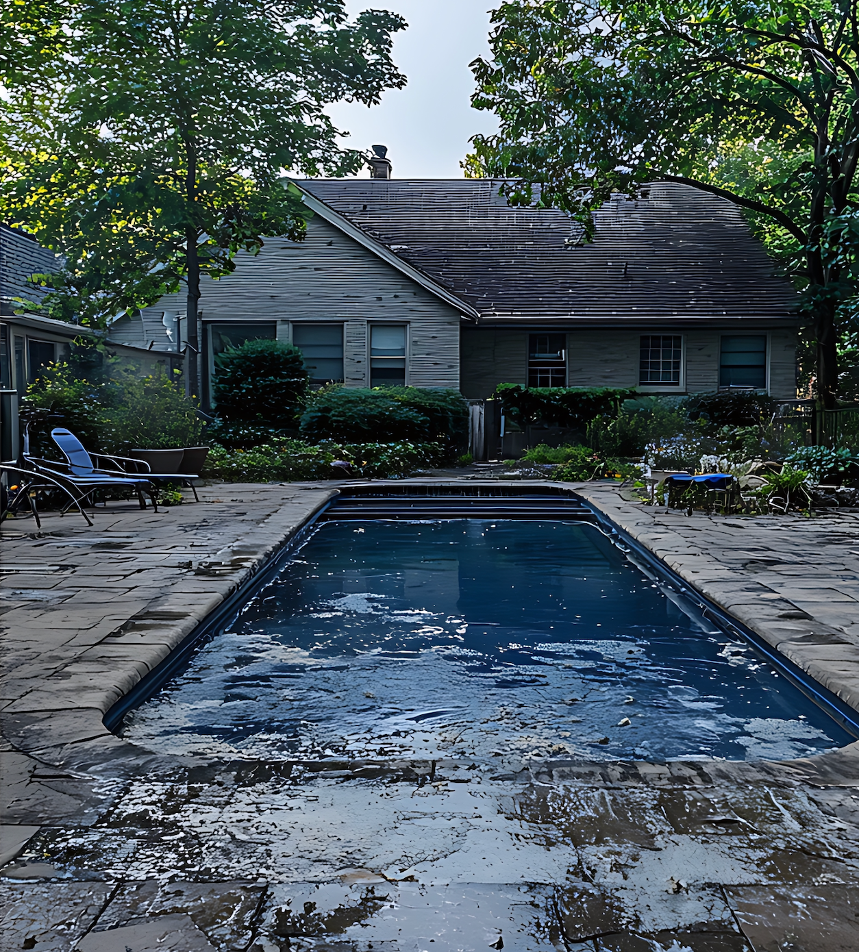 A large swimming pool in front of a house