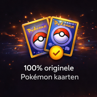 Twee Pokémon-ruilkaarten tegen een donkere, fonkelende achtergrond met een gouden vinkje en de tekst: