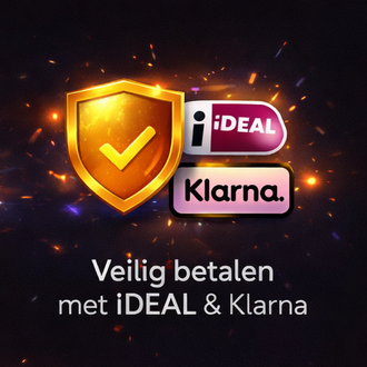 A golden security shield with a checkmark next to iDEAL and Klarna logos. Text reads: