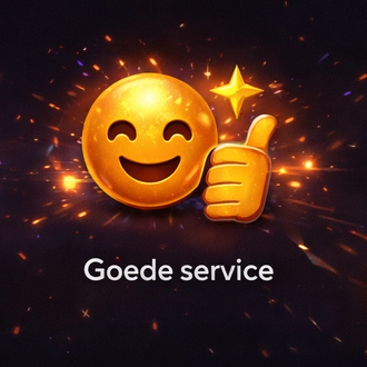 Een lachende emoji met een duim omhoog op een donkere achtergrond met vonken en de tekst