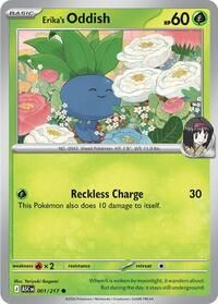 Erika's Oddish Pokémon-kaart toont de blauwe Pokémon lachend te midden van witte en roze bloemen in een tuin.