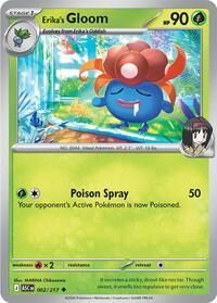 Erika's Gloom Pokémon-ruilkaart met een blauwe Pokémon met een bloem op zijn hoofd in een zonnige tuin en een klein Erika-icoontje.