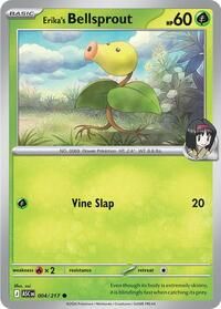 Erika's Bellsprout Pokémon-kaart met een gele Bellsprout in een grasveld en een icoon van Erika in de hoek.