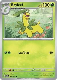 Een groene Bayleef Pokémon-kaart met 100 HP, met de aanval Leaf Step die 60 schade toebrengt.