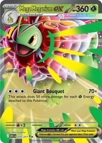 Een Mega Meganium EX-ruilkaart met 360 HP, met groen gebladerte, kleurrijke bloemblaadjes en de aanval Giant Bouquet.