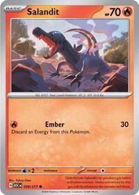 Een Salandit Pokémon-kaart met 70 HP, waarop de vuurtype hagedis te zien is in een rotsachtig landschap met de Ember-aanval.