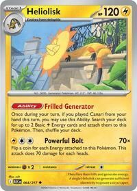 Een gele Heliolisk Pokémon-kaart, fase 1, met 120 HP, waarop de Pokémon op een dak te zien is. Set: Lost Thunder, kaart 066/214.