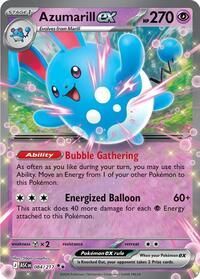 Een Pokémon-ruilkaart met de psychische Azumarill ex met 270 HP, de vaardigheid Bubble Gathering en Energized Balloon.