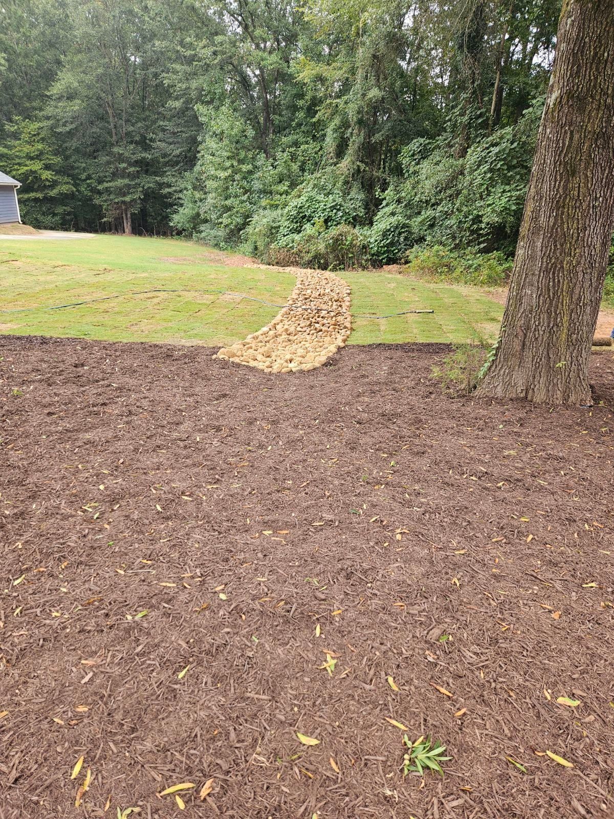 fresh mulch in the middle of a field next to a tree.