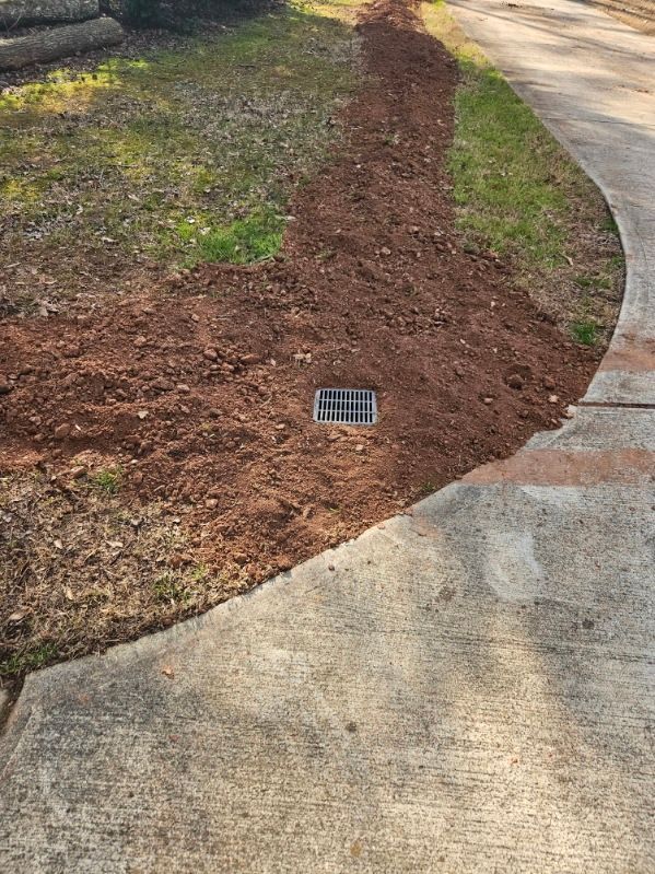 A drain hole in the ground next to a concrete walkway.