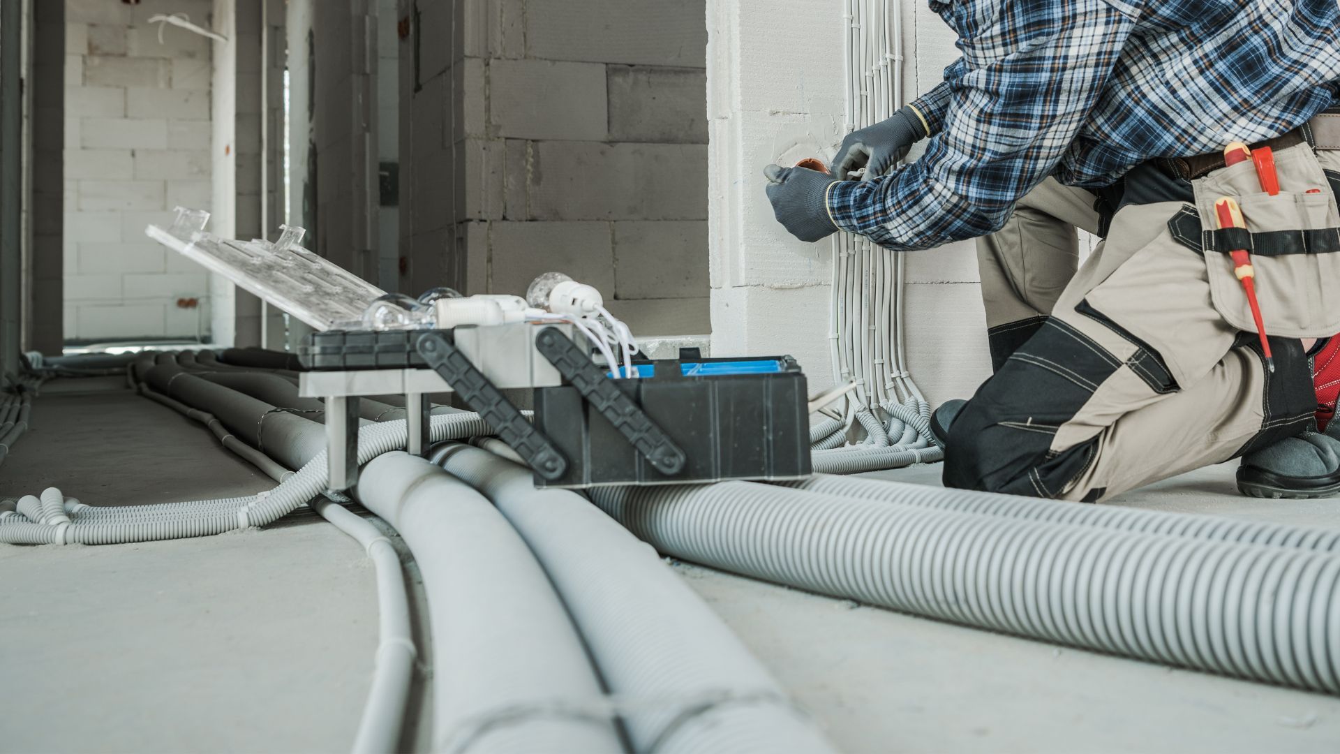 A man is kneeling down in a room with a toolbox.