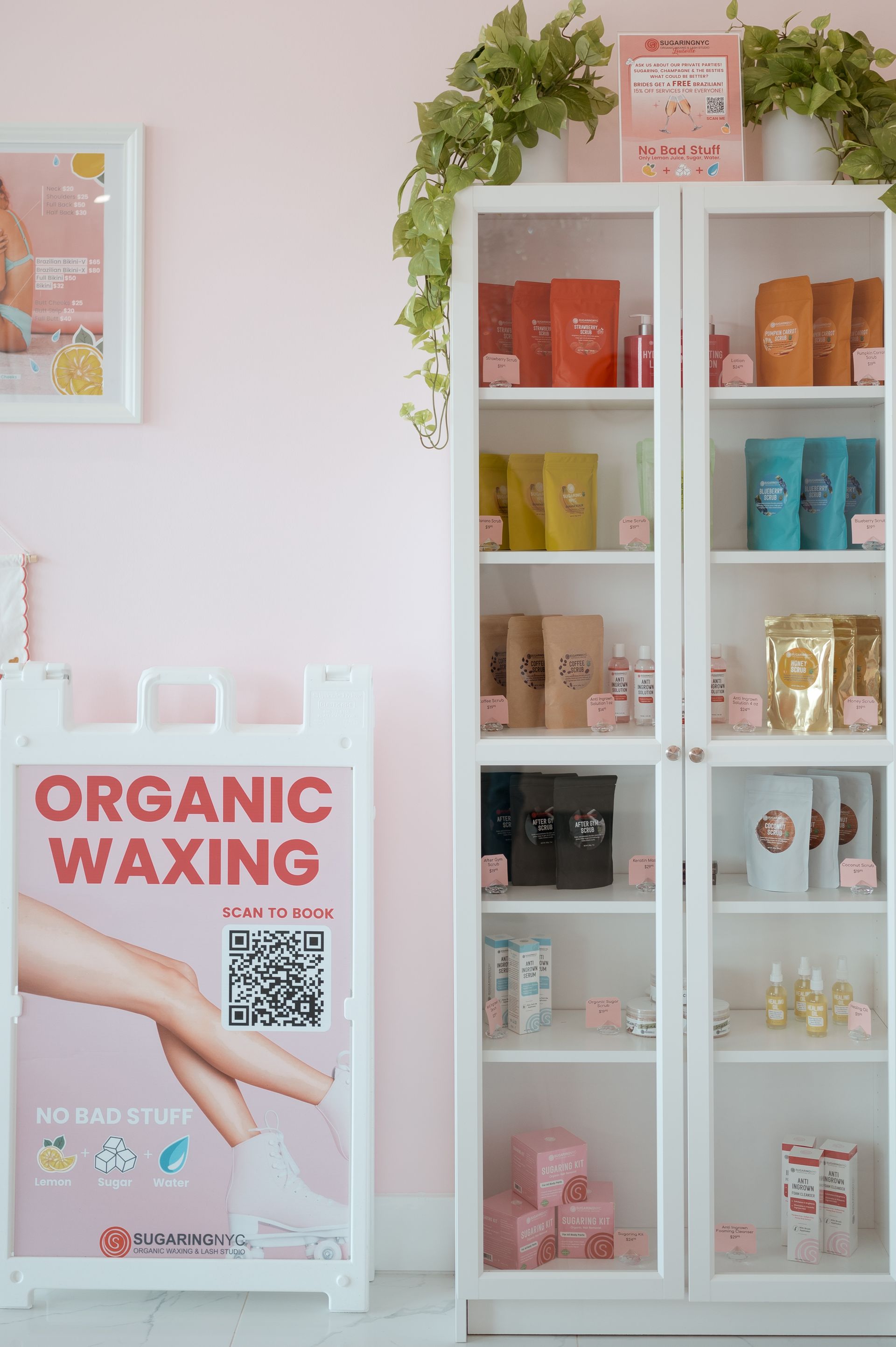 A room with a sign that says organic waxing on it.