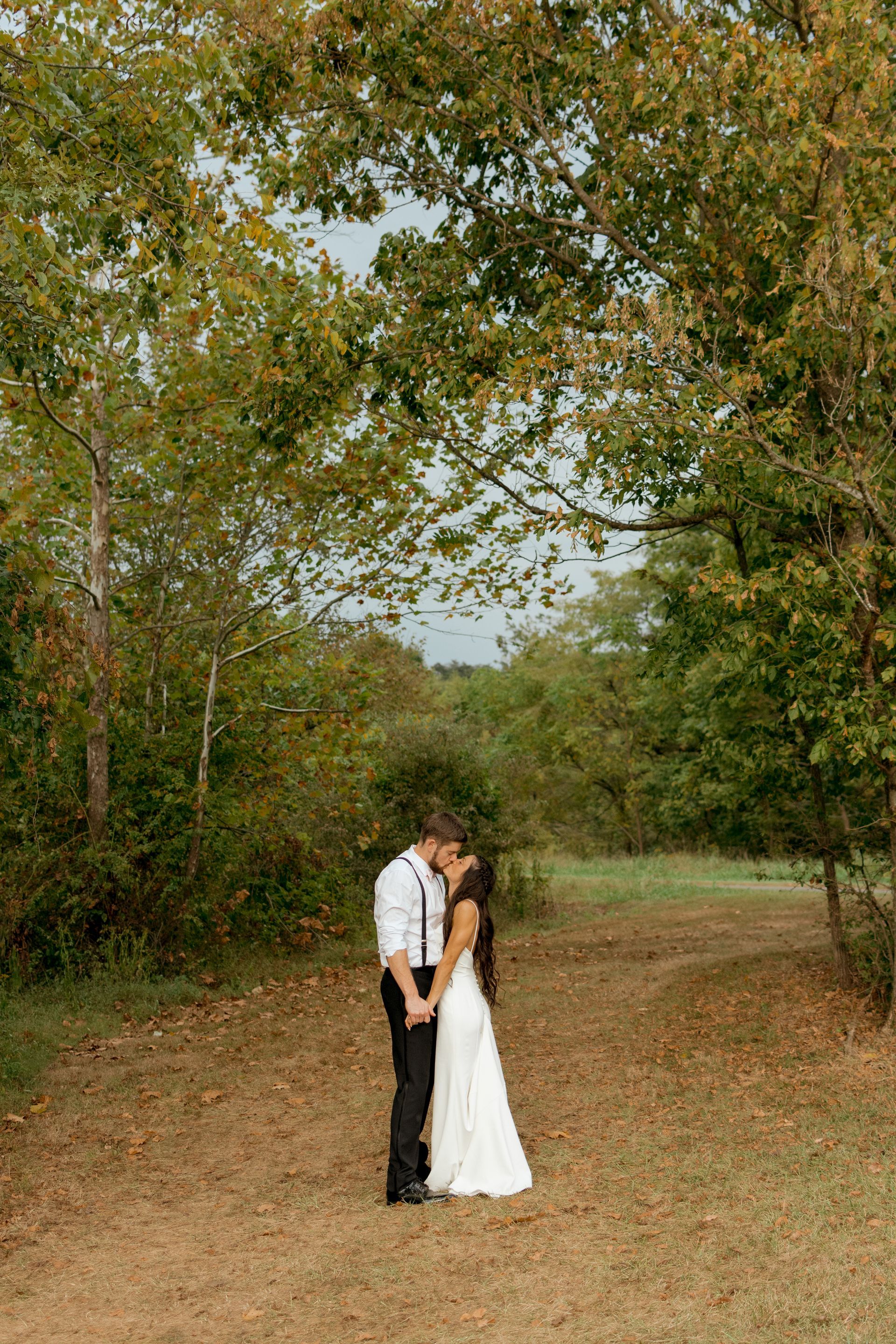 A bride and groom are kissing under a tree in a field.