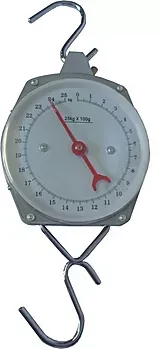 A scale with a red hand is hanging from a hook.