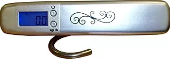 A digital luggage scale with a hook attached to it.