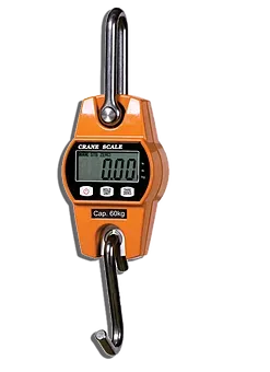 A digital scale is hanging from a hook on a white background.