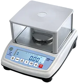 A digital scale with a glass container on top of it.
