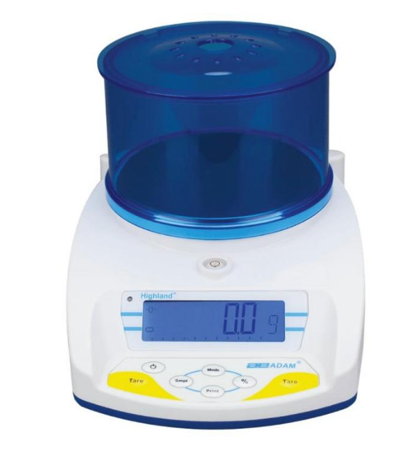 A digital scale with a blue container on top of it