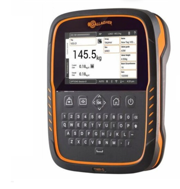 A black and orange cell phone with a screen that says 145.5 kg