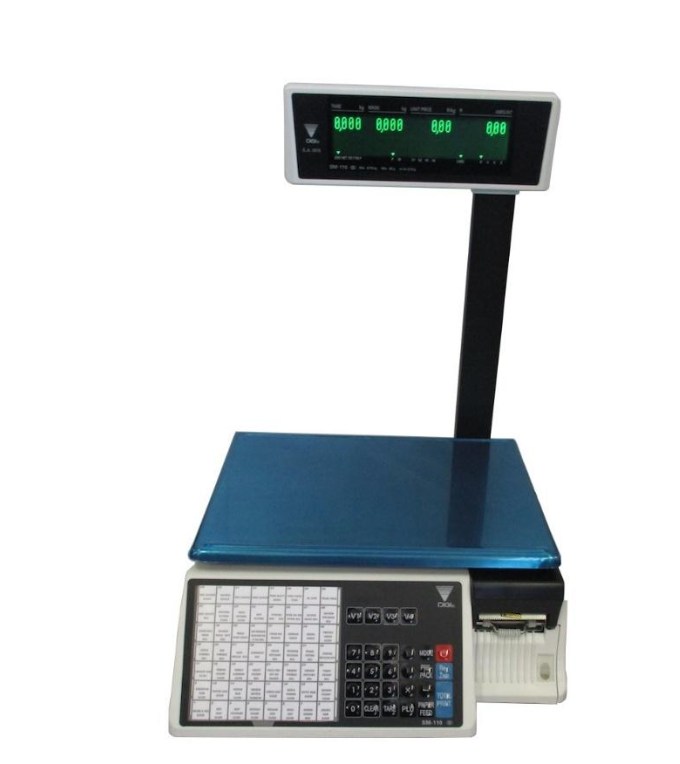 A blue and white scale with a calculator on top of it.