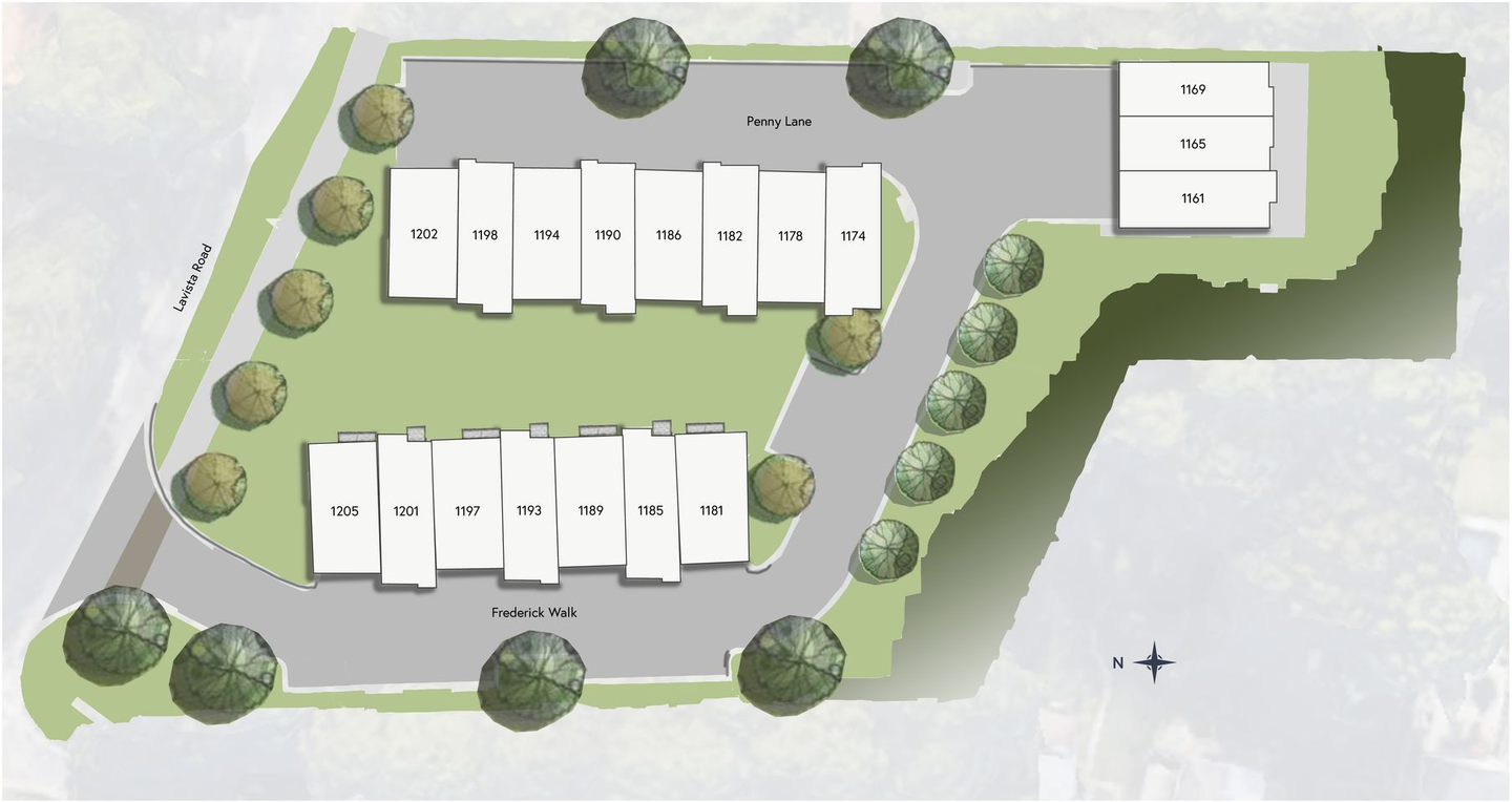 A site plan showing two rows of rectangular building footprints and a small separate structure, set among green trees.