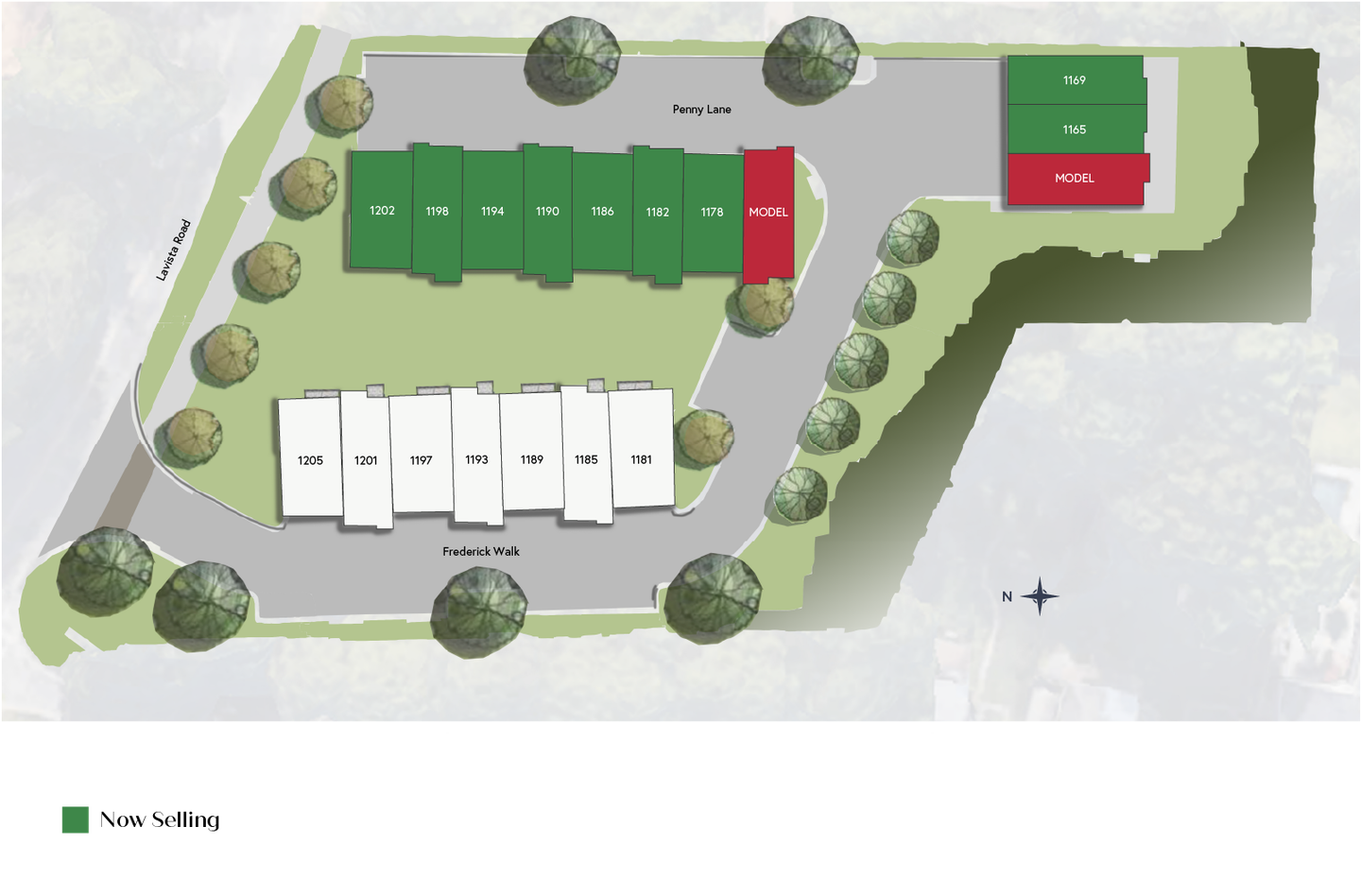 A site plan showing two rows of rectangular building footprints and a small separate structure, set among green trees.