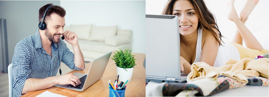 allo speed dating online un uomo è seduto alla scrivania e usa un laptop, mentre una donna è sdraiata su un letto e usa un laptop