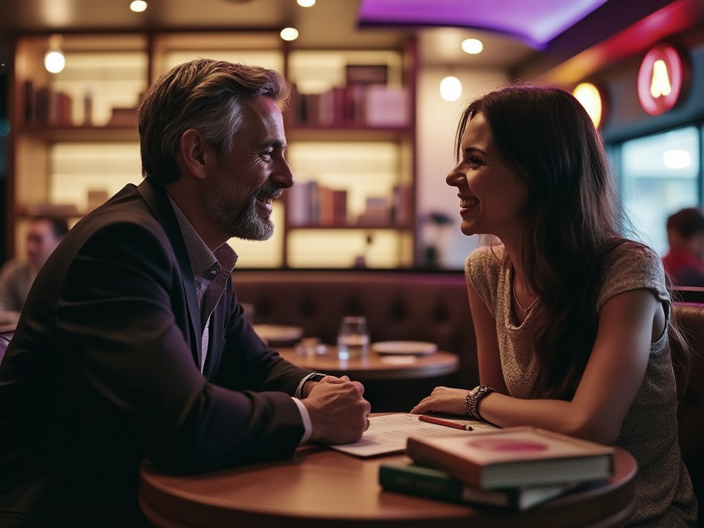 Un uomo e una donna seduti a un tavolino con due libri