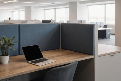 Laptop on a wooden desk in an office cubicle with blue fabric panels.