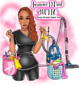 Cartoon woman in black uniform holds cleaning supplies, with vacuum and bucket. Logo reads 