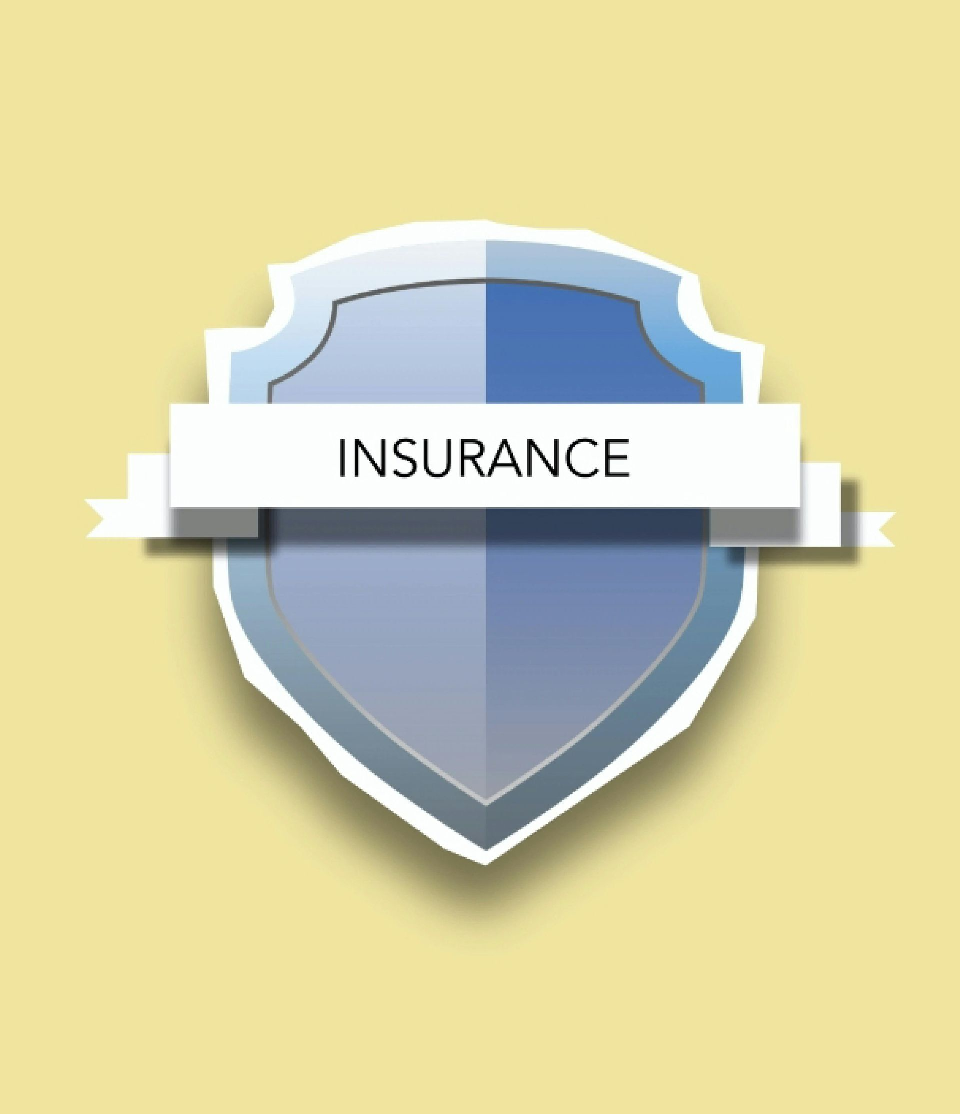 Blue shield icon with a white banner labeled “INSURANCE” on a yellow background