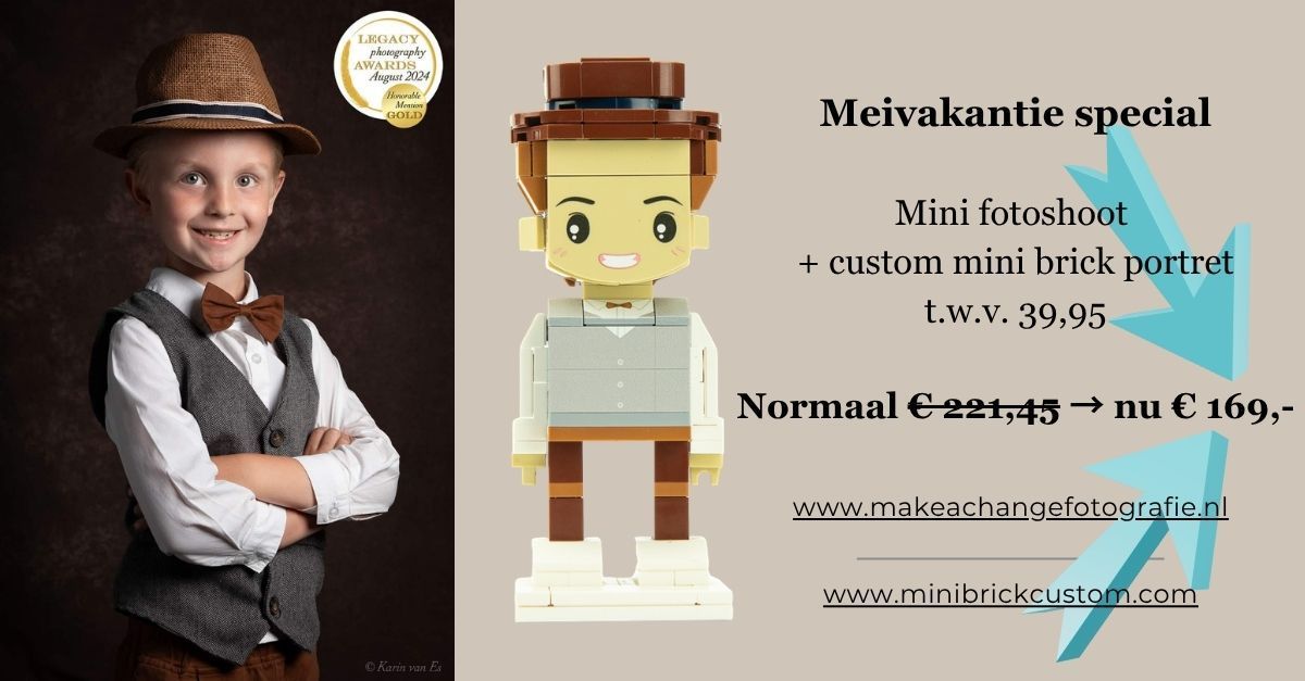 Promotieflyer voor een fotoshoot tijdens de voorjaarsvakantie, nu met korting voor €169, inclusief een mini-baksteenportret.