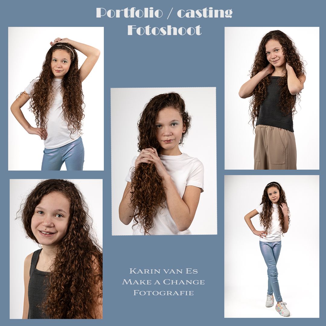 Een collage van fotos van een jong meisje met lang krullend haar.