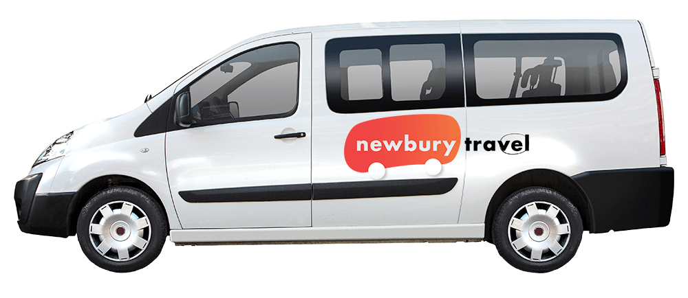 white minibus with newbury travel logo