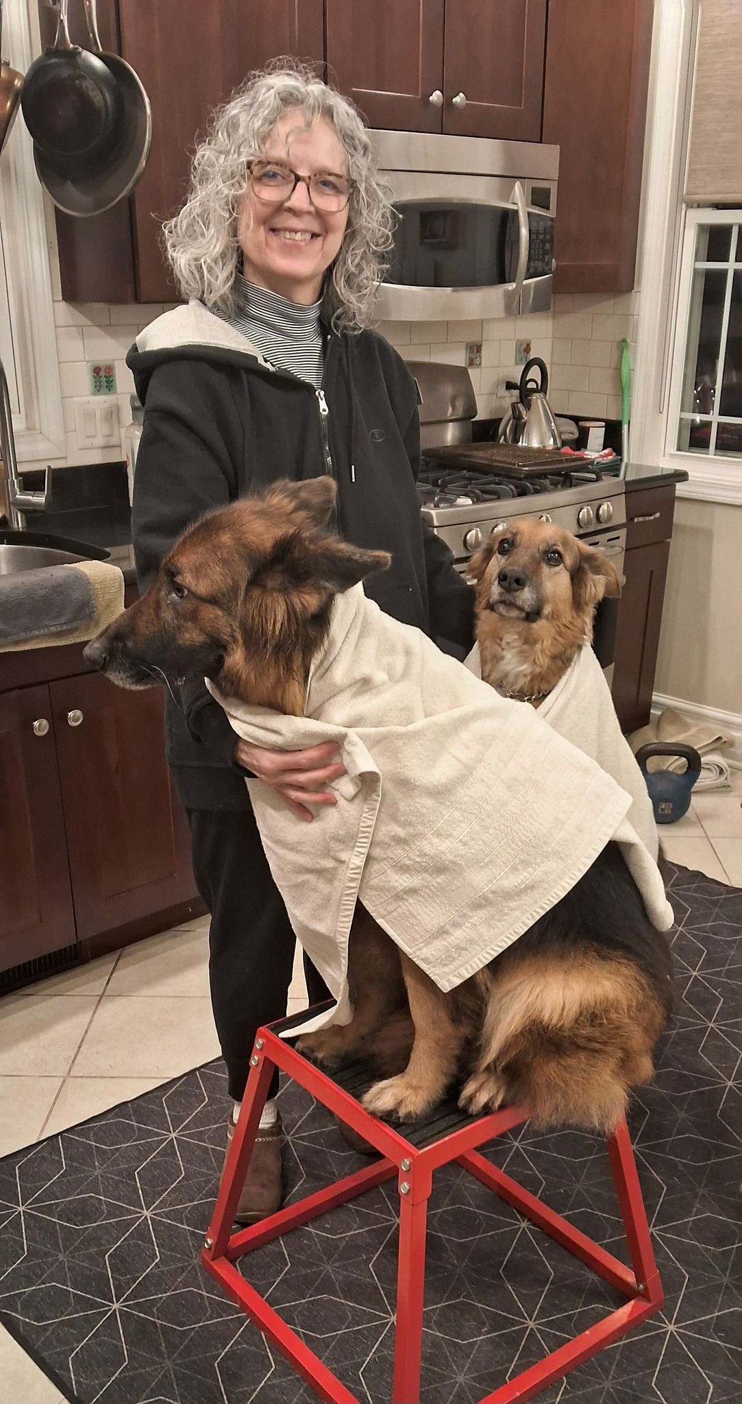 Woman with curly gray hair smiles, holding two dogs wearing white cloths, on a red stool in a kitchen.