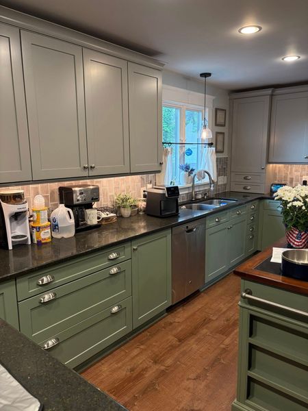 Green kitchen with dark countertops, cabinets, and stainless steel appliances.