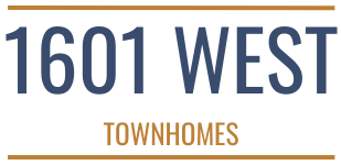 1601 WEST Townhomes logo with navy text and gold lines.