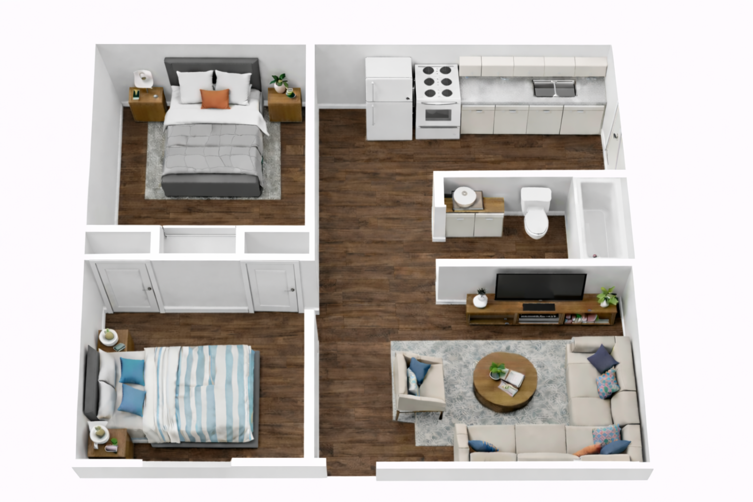 Floor plan rendering of a two-bedroom apartment. Beige walls, wood-look flooring, furnished with furniture.