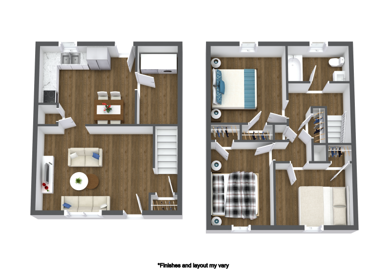 Two-story apartment floor plan; living, dining, and kitchen on first floor; bedrooms and baths on second floor.
