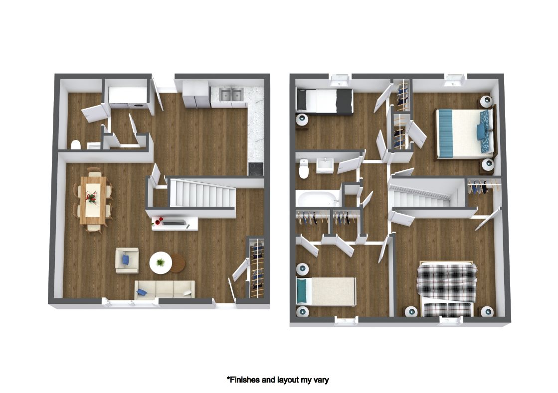 Floor plan of a two-story apartment. Shows rooms, stairs, and furniture layout in a top-down view.
