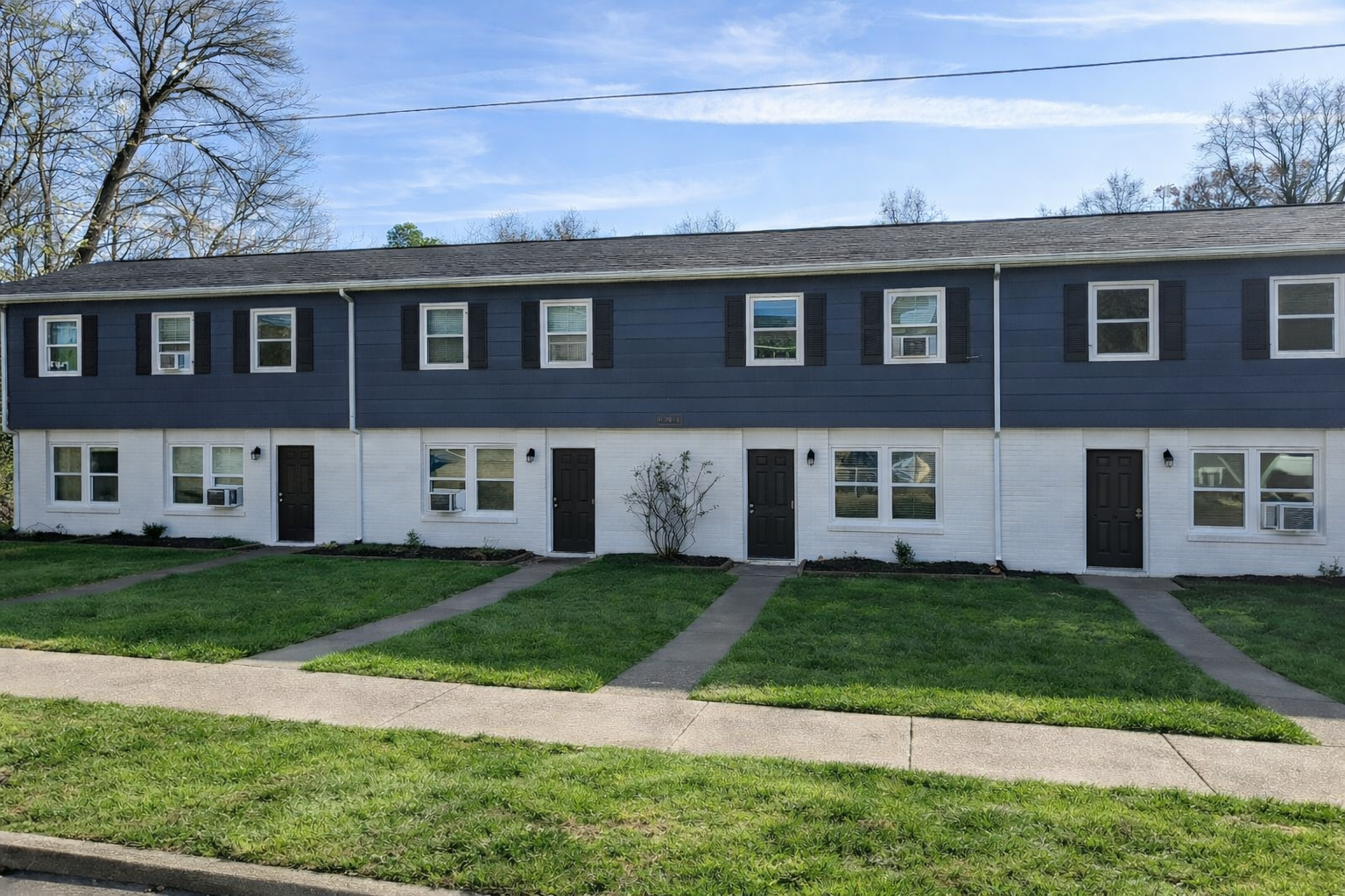 Row of townhouses, blue and white facade, with dark doors and windows, under a blue sky.