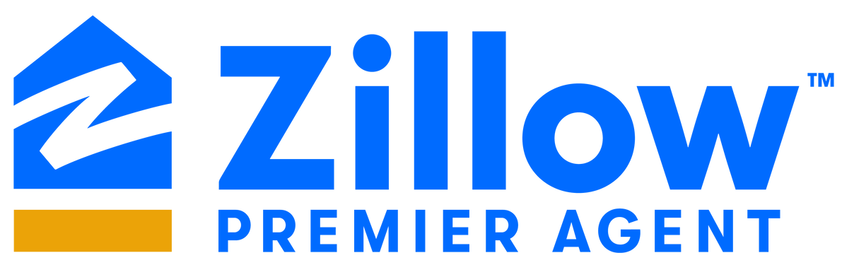 A blue and yellow logo for zillow premier agent