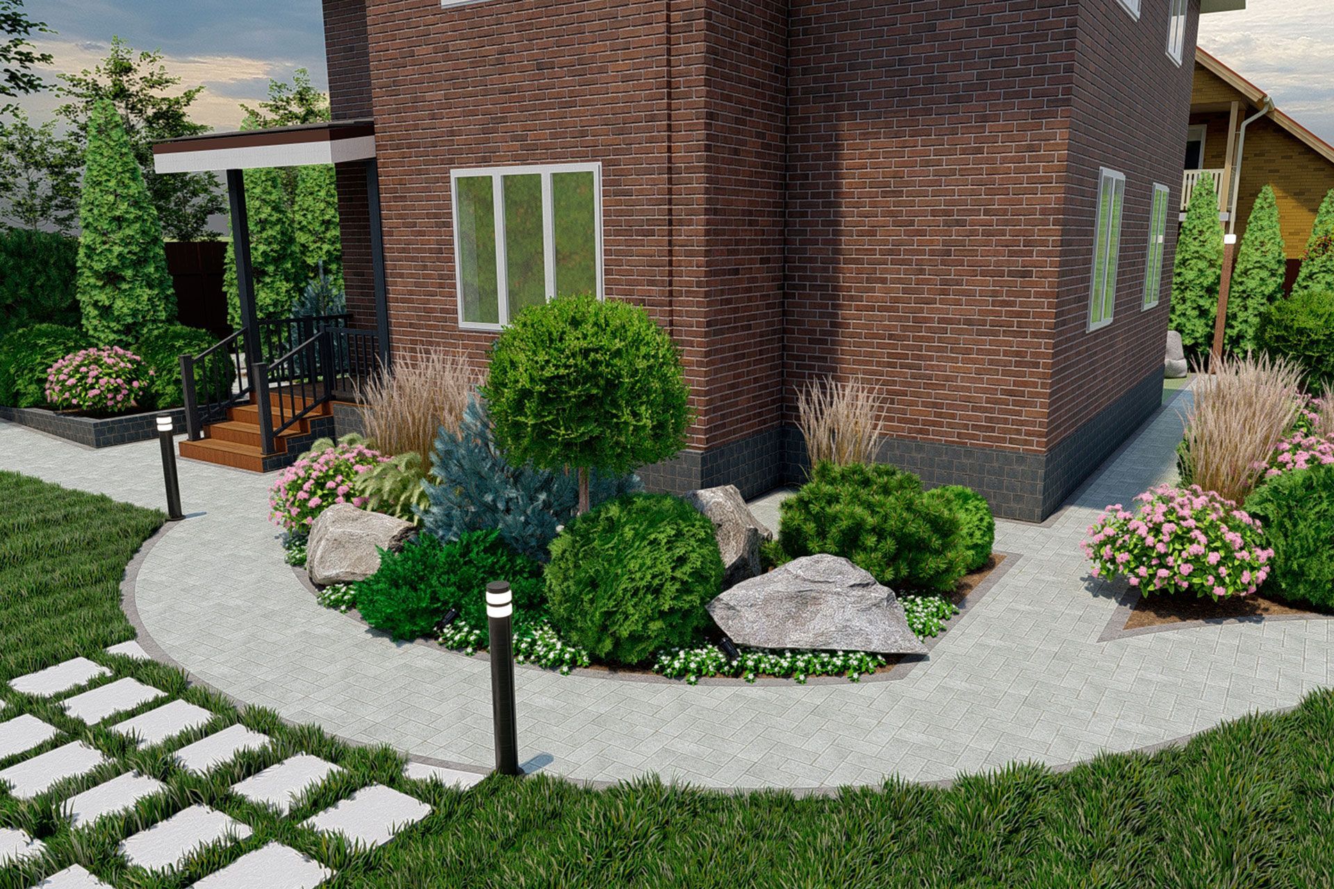 A brick house with landscaped flowerbeds, a stone walkway, and green lawn.