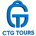 A blue and white logo for ctg tours