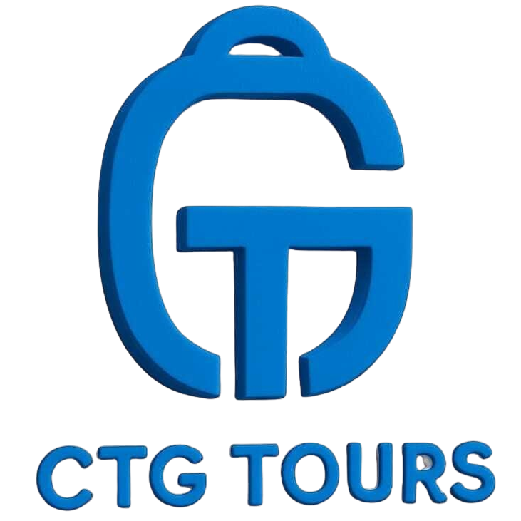 A blue and white logo for ctg tours
