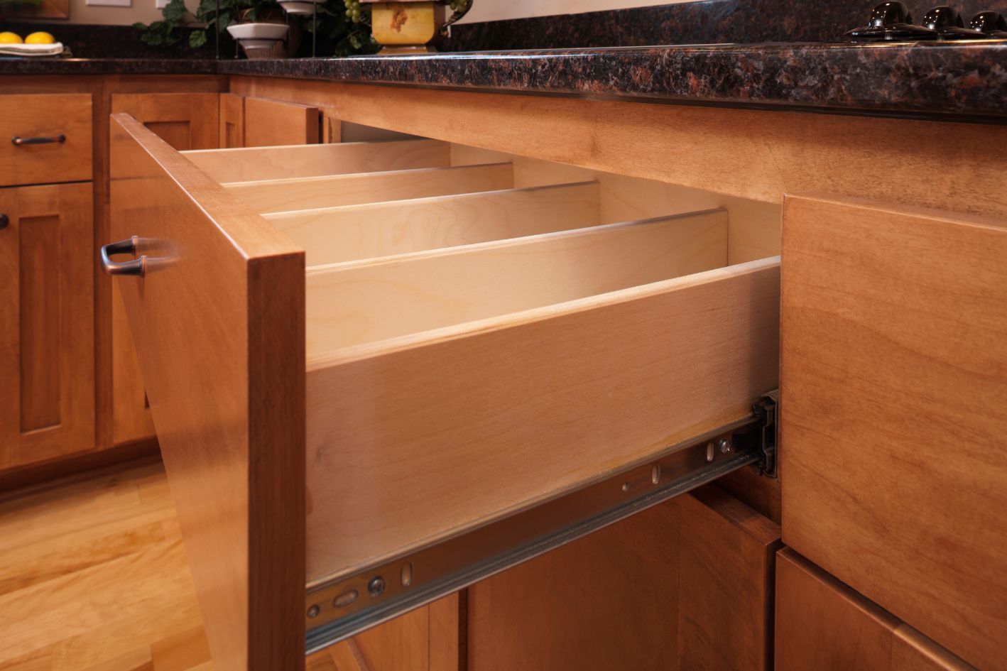 Custom drawers in a newly designed kitchen.
