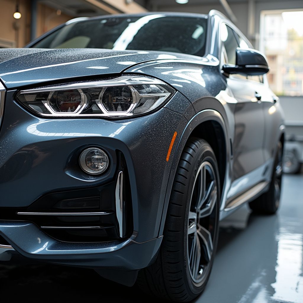 Blue BMW SUV, close-up view; wet, glossy finish, receiving the Masterclass Full detail from Luxline Auto Lab.