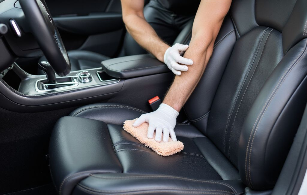Person in gloves cleaning a black leather car seat with a microfiber towel.