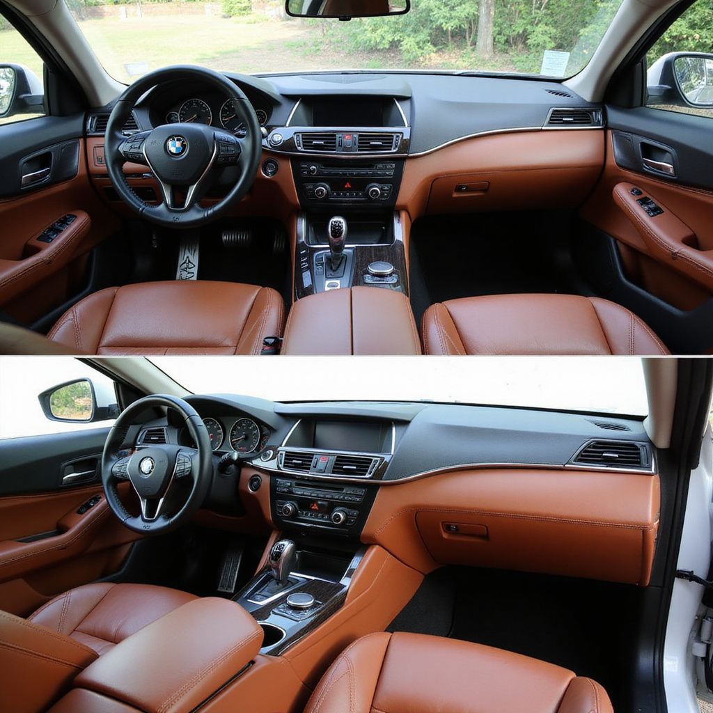 Car interior, dashboard and seats. Tan leather, black accents. Steering wheel with logo.