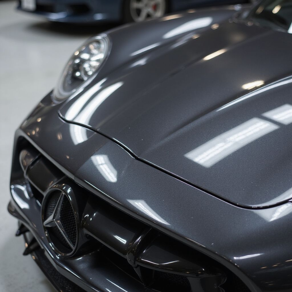 Dark gray Mercedes-AMG GT sports car with ceramic coating, close-up of the front. Shiny paint, black grille, indoor setting.